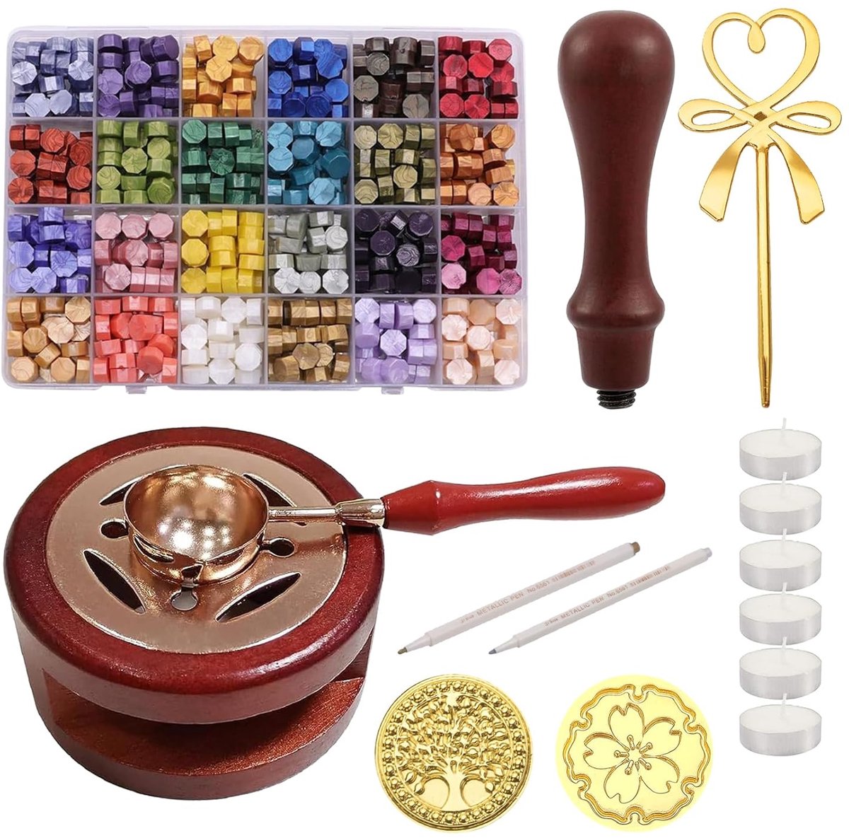 Thijox - Compleet Waxset met 600 Afdichtingswas Kralen in 24 Kleuren, Inclusief Metalen Wasstempel en Verwarmingsgereedschap voor Bruiloften, DIY Deco