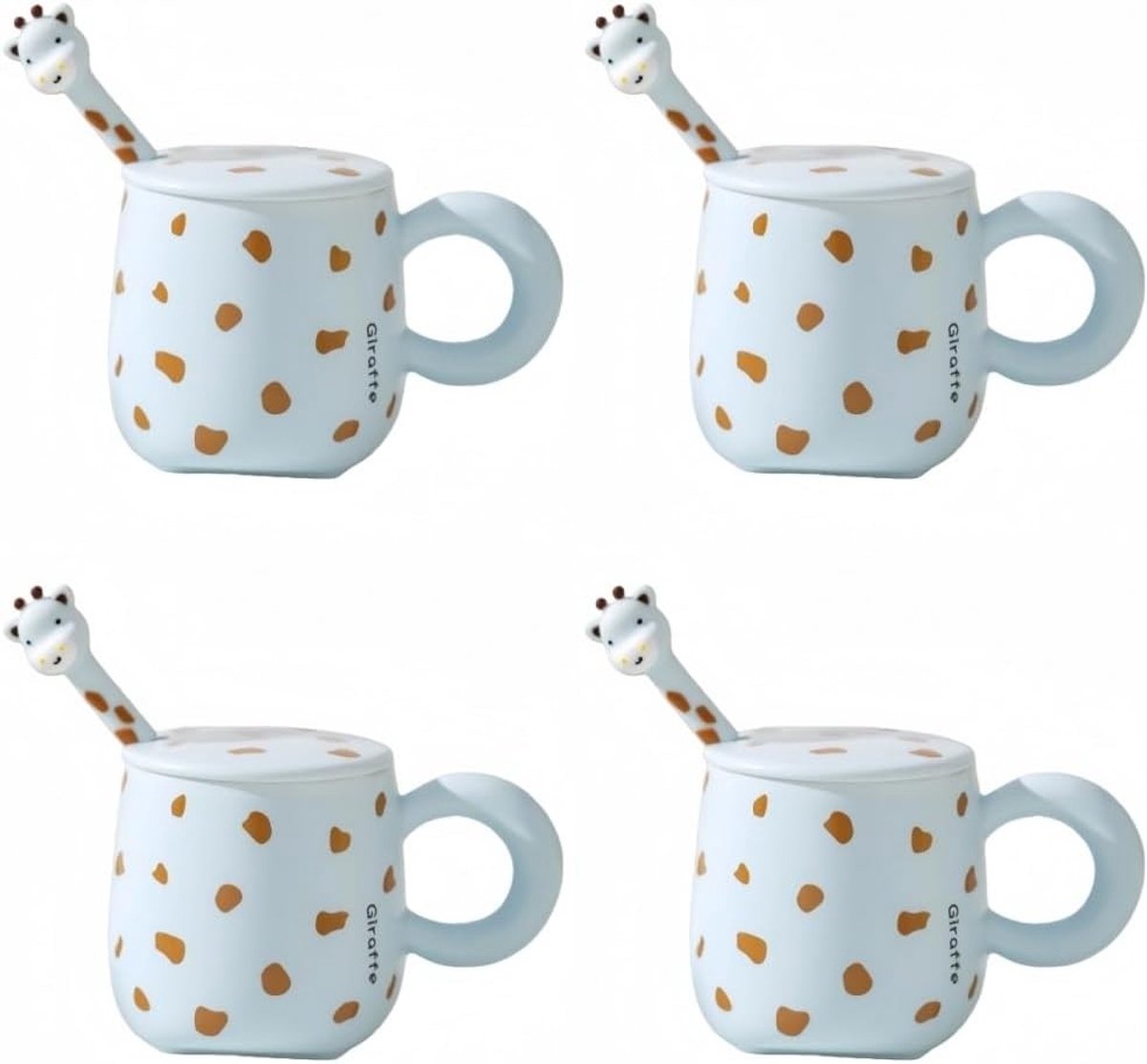 Schattige keramische mokken met deksel en lepel, 400 ml, set van 4 in blauw, roze en geel, perfect cadeau voor kinderen en volwassenen