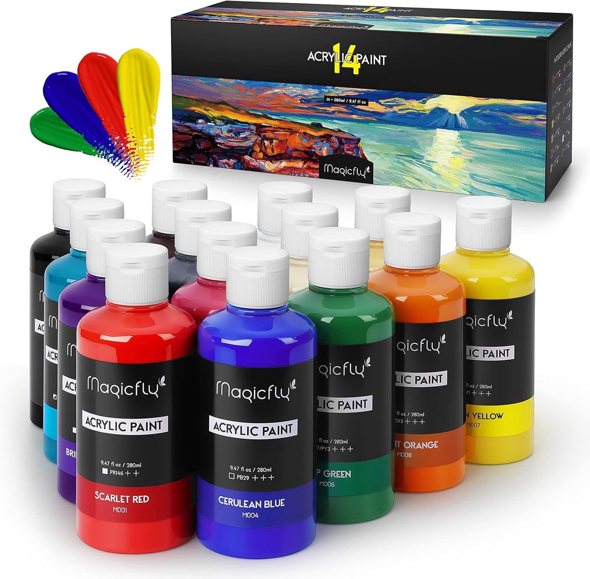 Thijox - Magicfly Acrylverf Set 14 Kleuren (240 ML) Rijke Pigmenten, Niet Giftig voor Artiesten, Hobbyschilders, Kinderen - Ideaal voor Canvas Schilde