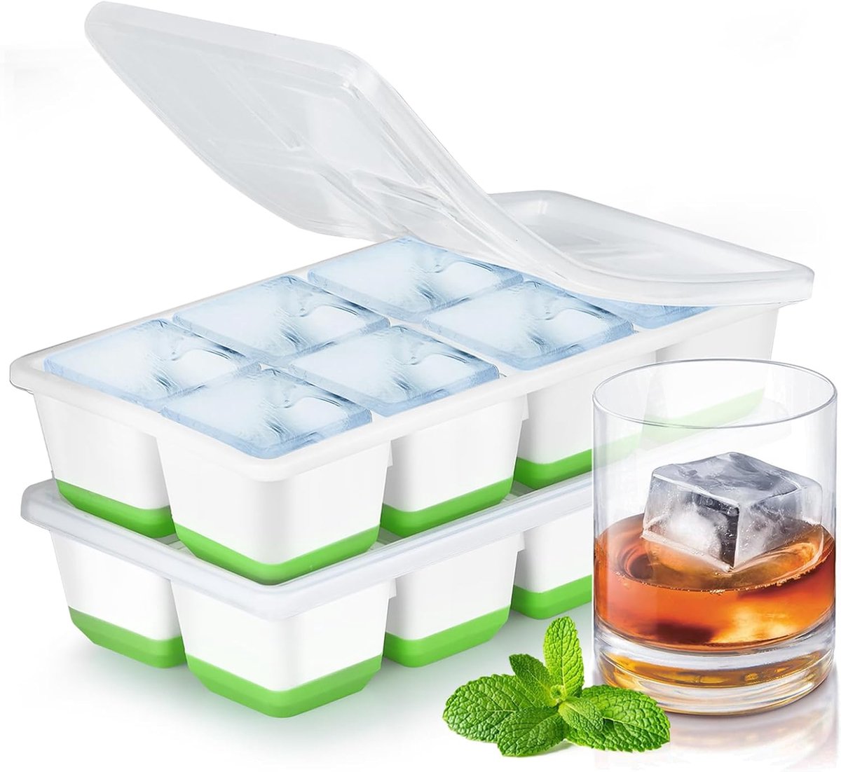 Thijox - Grote Ijsblokjesvorm met Deksel, 2 Stuks Siliconen Ijsvormen, BPA-vrij, Stapelbare IJsblokjesmaker voor Cocktails, Whisky, Bier en Babyvoedin