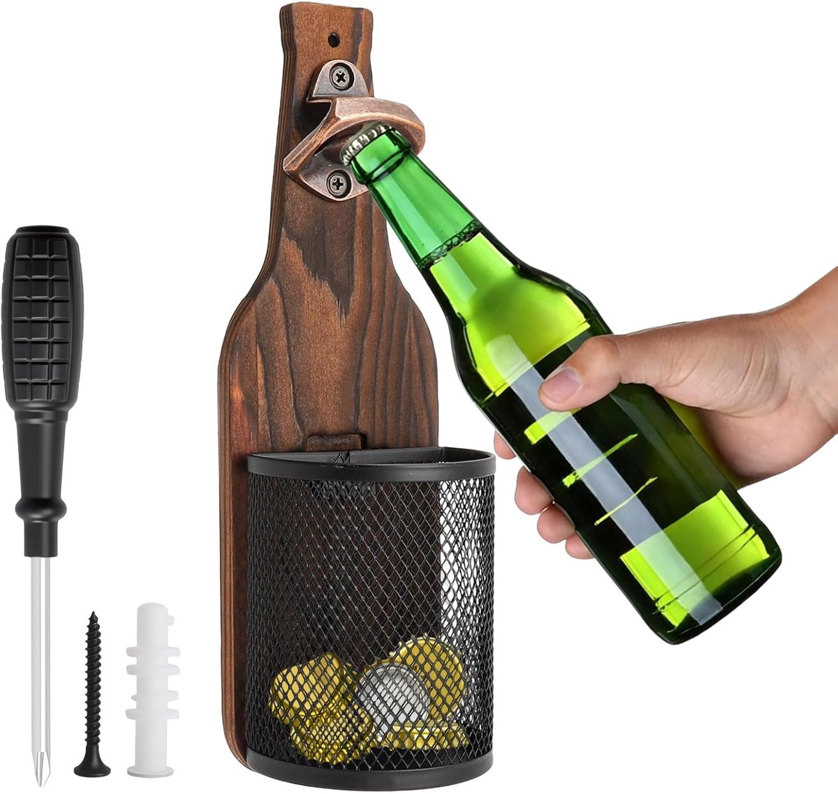 Thijox - Houten Wand Bieropener met Opvangbak - Flesopener voor Thuis, Bar, Keuken en Terras - Perfect voor Bierliefhebbers, Mannen en Vrouwen, Wandmo