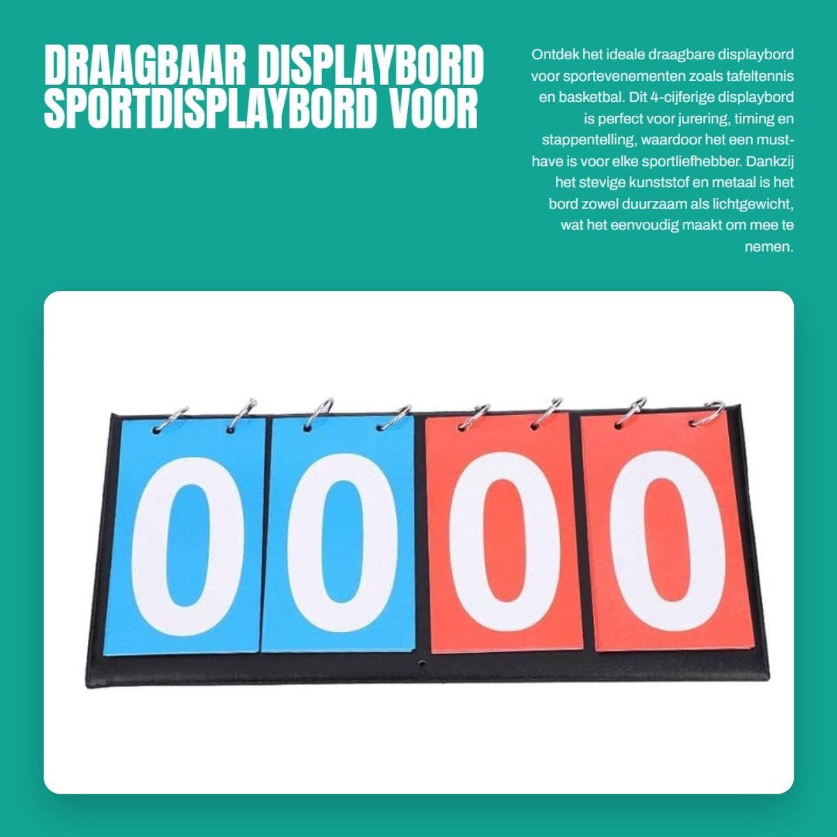 Dailygoods- Displaybord Draagbaar - 2/3/4-Cijferig - Sportdisplaybord - Tafeltennis/Basketbal - Kunststof/Metaal - Afmetingen 20,5/28,5/36,5 x 16,5 cm - Scorebord