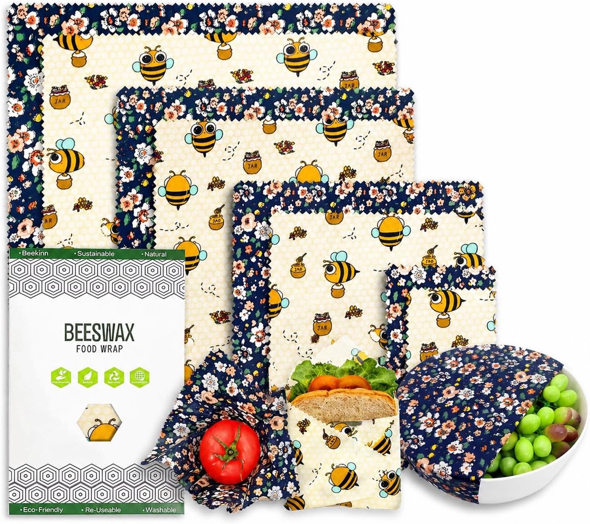Herbruikbare Bijenwasdoeken Set van 8 (2XL, 2L, 2M, 2S) - Duurzaam en Milieuvriendelijk Alternatief voor Plastic, Perfect voor Fruit, Brood en Keuken, Makkelijk te Reinigen en Op te Bergen