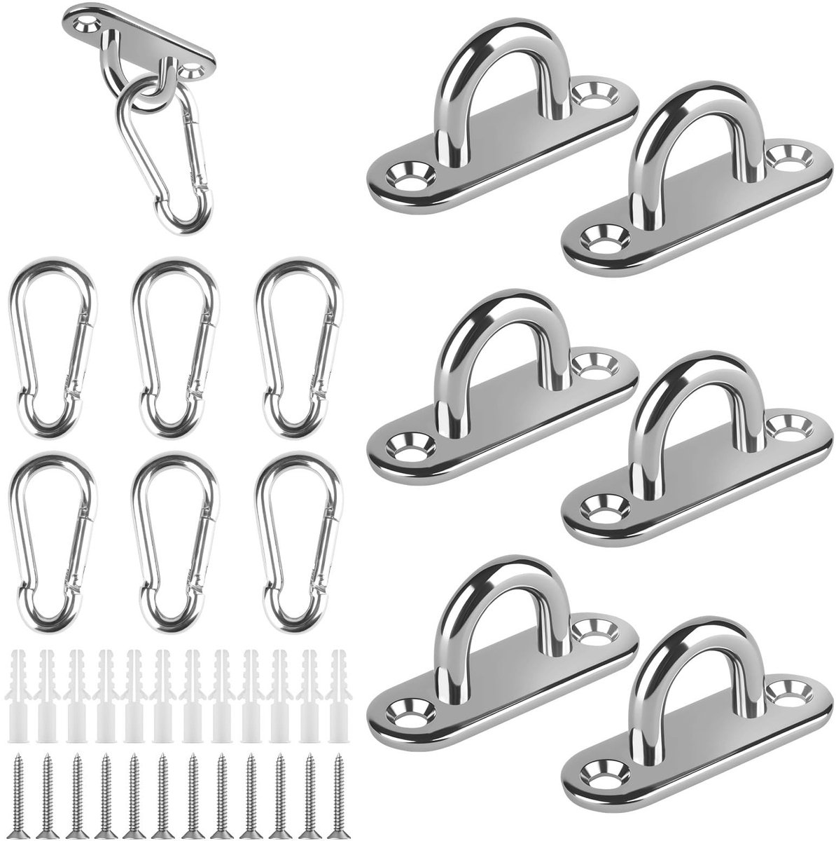 Dailygoods- Bevestigingsset 12 Stuks - 6 x Karabijnhaak - 6 x Oogplaat - Roestvrij Staal - Zware Belasting M5-80 kg - Geschikt voor Binnen/Buiten - Bevestigingshaken