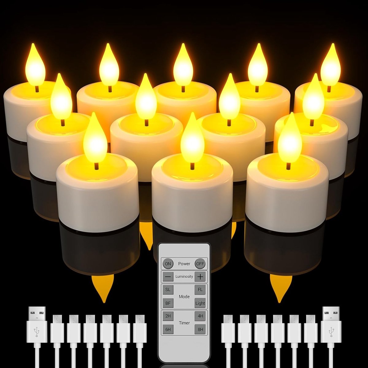 Thijox - Oplaadbare Theelichtjes met Afstandsbediening - 12 Stuks LED Vlamloze Kaarsen met Timer en USB-C Oplaadkabels voor Thuis, Tafel, Halloween en