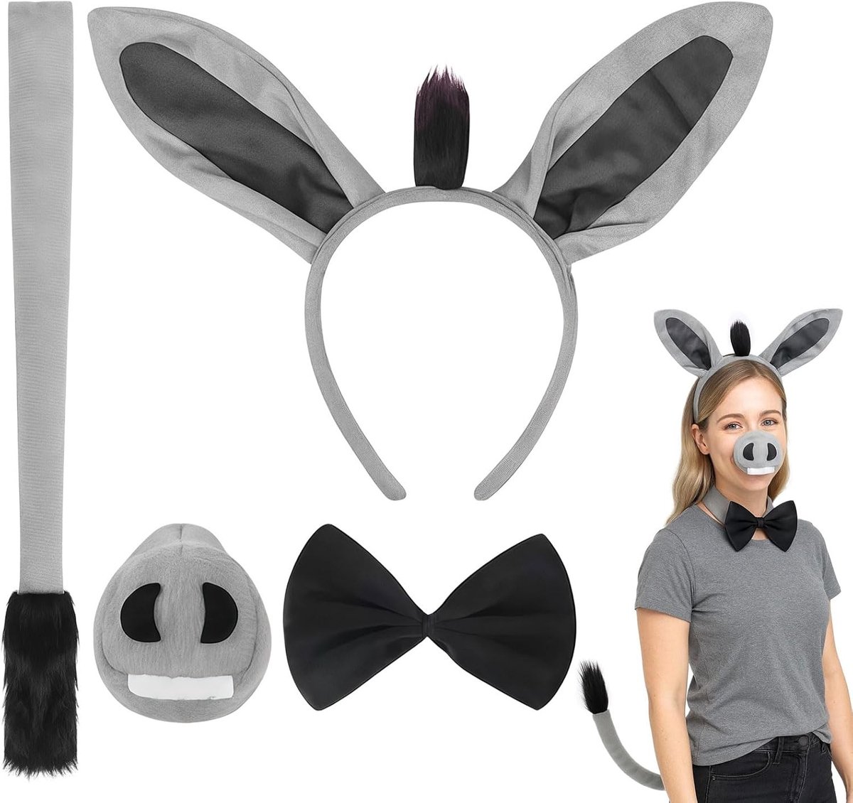 Donkey kostuumaccessoire set met oortjes, staart, neus en strik voor Halloween en verjaardagsfeestjes, ideaal voor cosplay en dierenkostuums