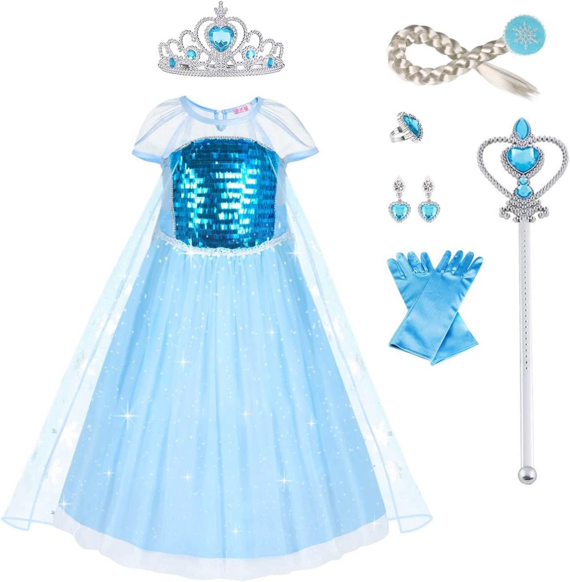 Elegante Prinsessenjurk met 6 Accessoires voor Meisjes - Luxe Sequined Kostuum voor Feestjes, Verjaardagen en Carnavalsactiviteiten (100-150cm)