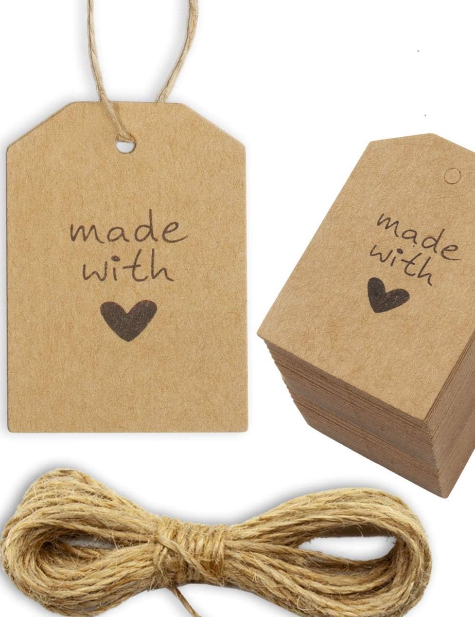SnelShoppen - 100 Kraftpapier Cadeauhangers met Jute Koord - Bruin - Persoonlijke Cadeaulabels voor Verjaardag, Kerst, Feest en Meer