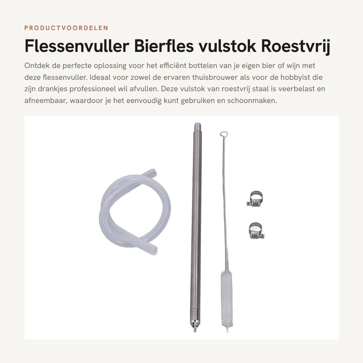 Dailygoods- Flessenvuller met Borstel - Roestvrij Staal - 35,2 cm - Veerbelaste - Afneembare - Duurzaam - Geschikt voor Bier/Wijn - Bottelapparaat