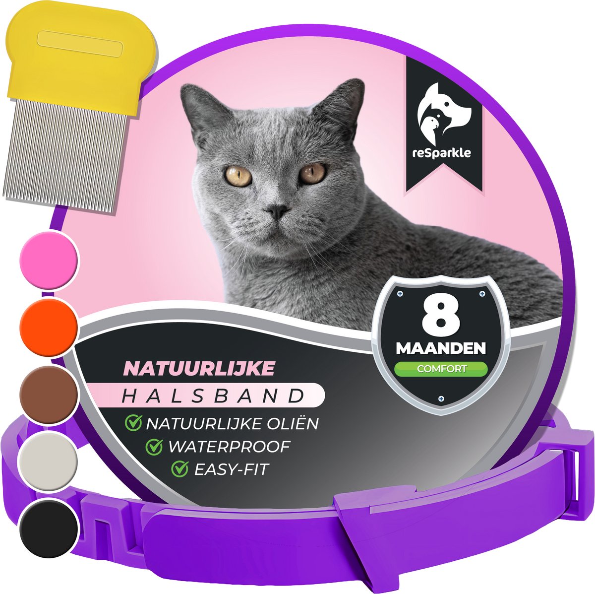 Bol.com reSparkle Halsband Kat - Natuurlijk - Inclusief Vlooienkam - Paars aanbieding