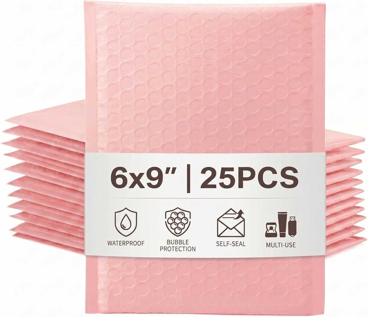 SnelShoppen - 25 Stuks Luchtkussen Enveloppen met Bubbelfolie, Zelfklevend, Ideaal voor CD's, Sieraden en Cosmetica, Sakura Roze, 15.2 x 22.9 cm