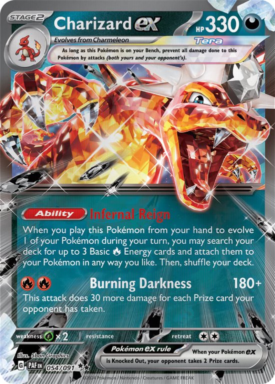 Gouden Charizard EX Pokémon kaart met oranje en zwarte details en vlammen.