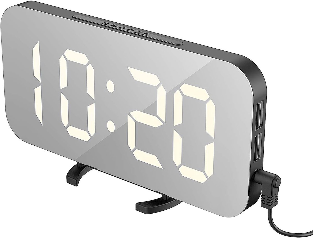 Thijox - Digitale Wekker Spiegelwekker LED met Groot Scherm, 3 Helderheidsniveaus, Dimbaar, 12/24-uurs Display, USB-aansluiting voor Smartphone, Tafel