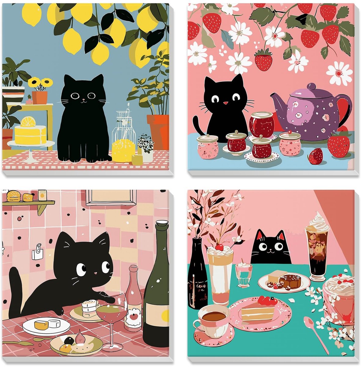 Dailygoods- Schilderen op Nummer - 4 Stuks - Grappige Zwarte Kat - DIY Kinderkits - Voor Volwassenen - Geschikt Vanaf 7 Jaar - Inclusief Lijst - Paint By Numbers