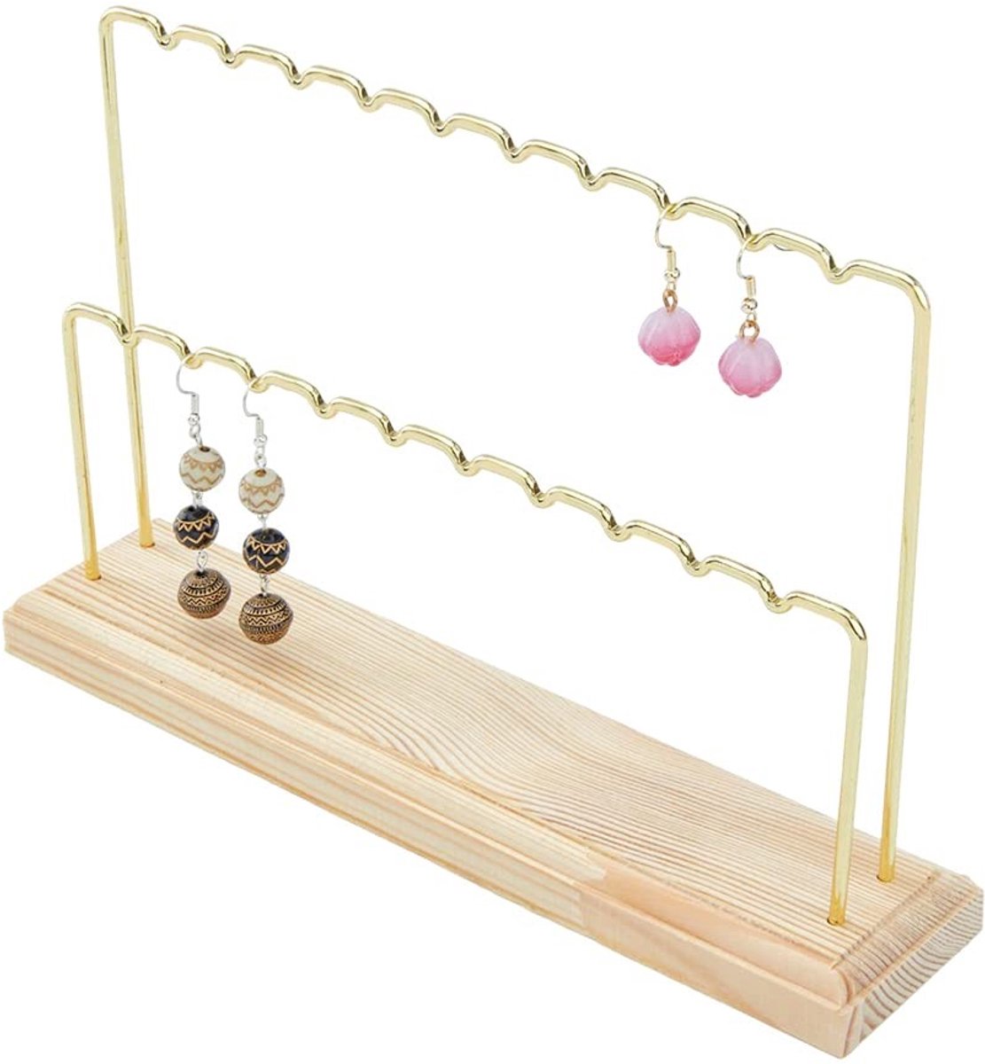 Dailygoods- Oorbelstandaard 2-Tier - Houten/Ijzeren Sieradenhouder - Gouden Display Stand - 22x5x14,9cm - Geschikt voor Oorbellen/Kettingen/Armbanden - Sieradenstandaard