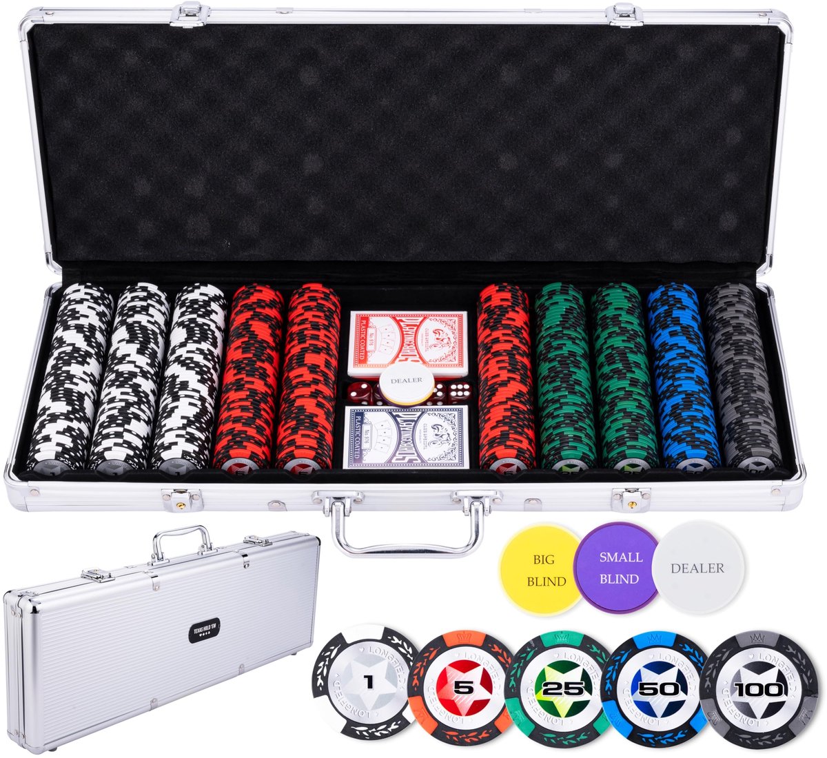 Dailygoods- Pokerset 500 Chips - Zilverkleurige Koffer - 2 Kaartspellen - 3 Dealerknoppen - 5 Dobbelstenen - Premium Kwaliteit - Poker Set