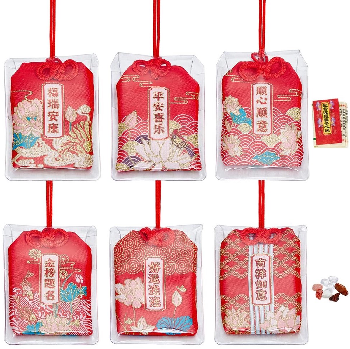 Dailygoods- Omamori Geluksamuletten Set van 6 - Rode Amuletten - Sutra Boeken - Cadeau voor Gezondheid - Rijkdom - Succes - Geluksamulet