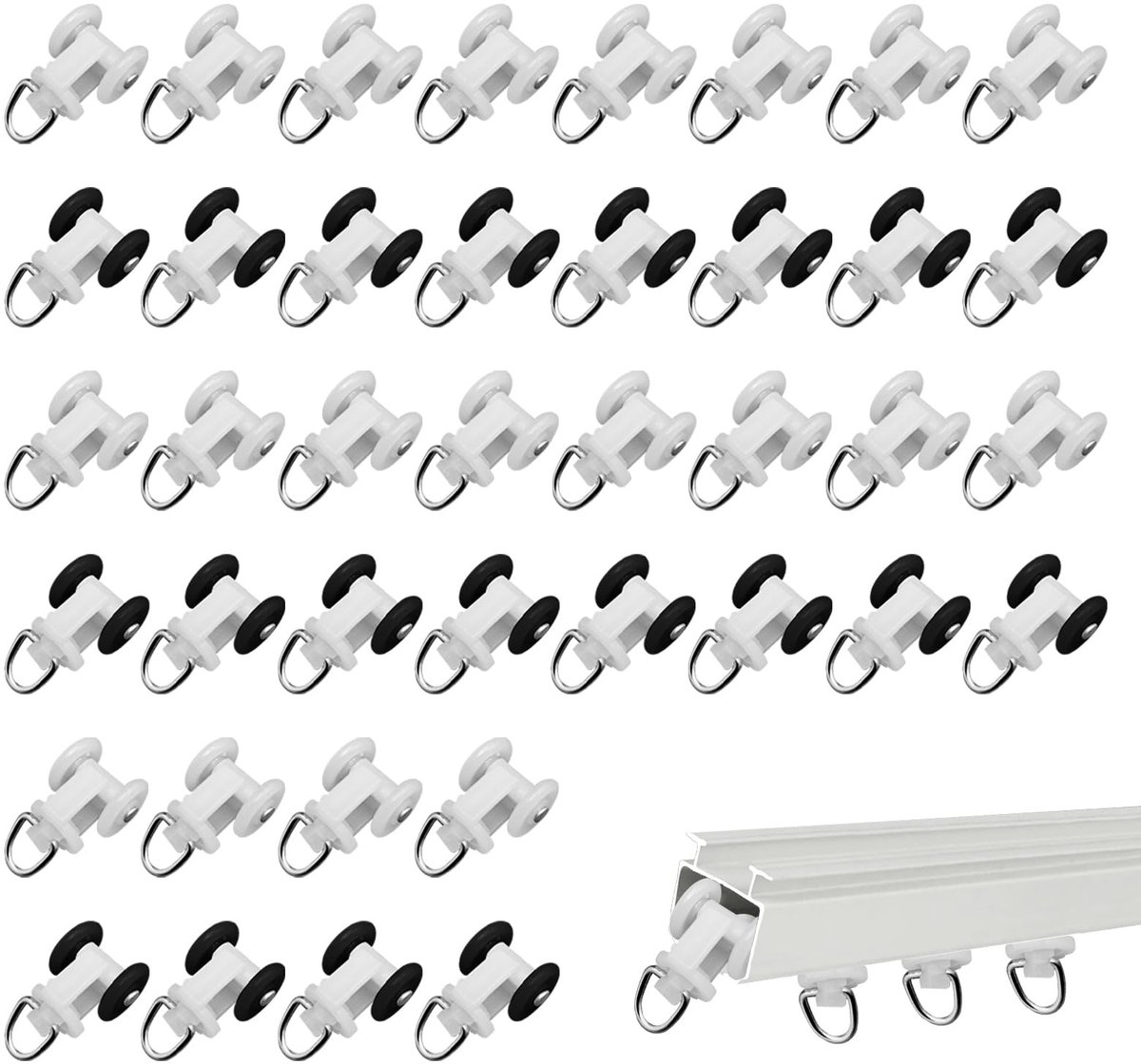 Dailygoods- Gordijnkatrol Lichtgewicht - Gordijnrolletjes 40 Stuks - Stille Katrol - Kunststof/Legering - Duurzaam - Wielafstand 10 mm - Gordijnrollen