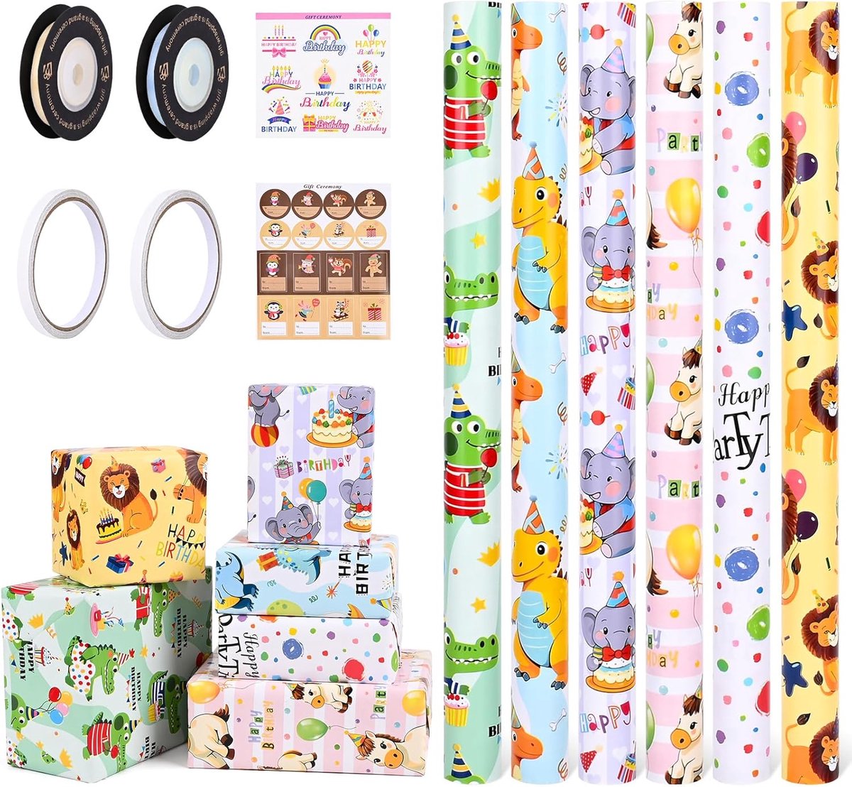 Thijox - Cadeaupapier voor Kinderen, 6 Rollen Dinosaurus Motief, 43 cm x 300 cm, Recyclebaar Verpakking voor Verjaardag, Kerst, Pasen en Babyshower