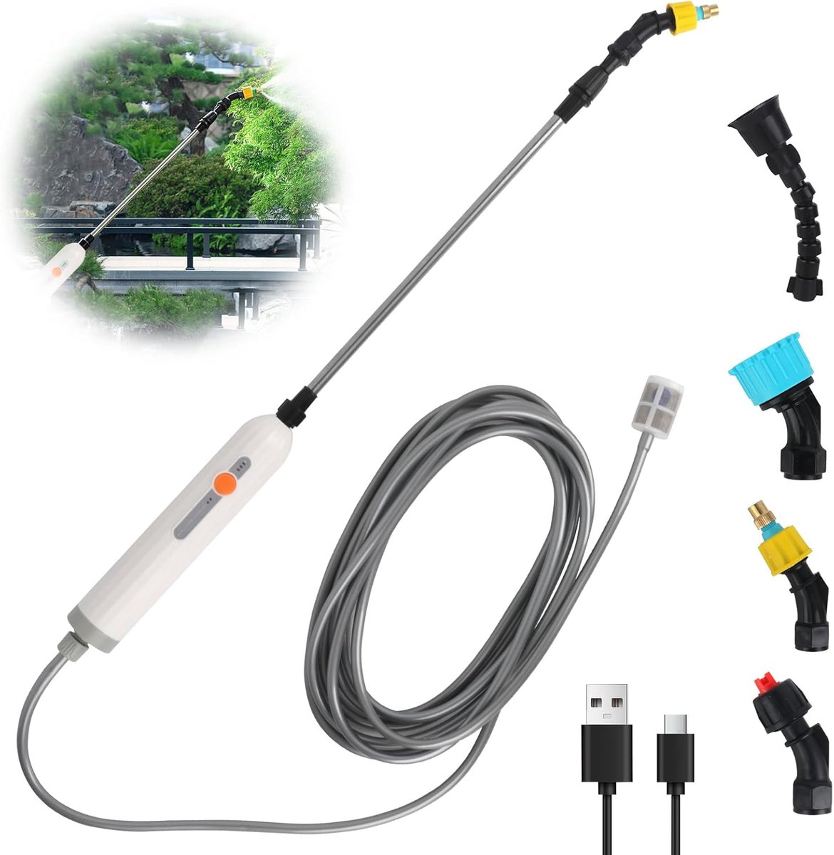 Dailygoods - Elektrische sproeistaaf, 3,7 V, elektrische plantensproeier, 4 nevelsproeiers en 5 m slang, 2 standen en oplaadbare USB, accu-drukspuit voor tuin, terras, gazon en onkruid