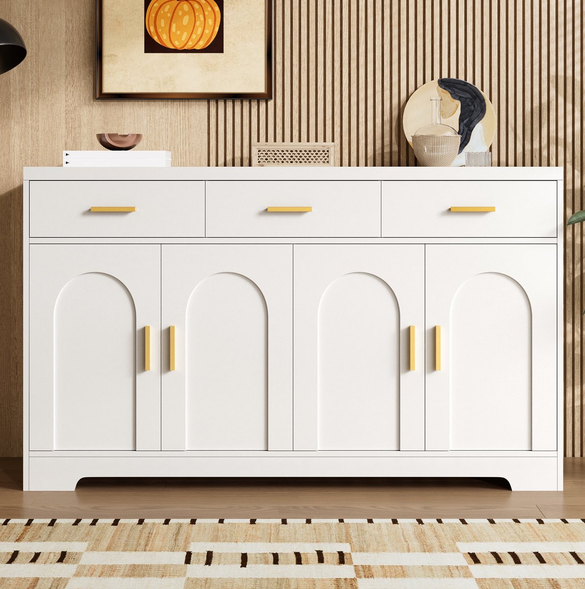 MIVRAY Dressoir - Wit Kast Met Vier Bogen Deuren En Drie Lades - Voor Woonkamer Eetkamer En Hal - MDF - 140 X 40 X 83 Cm