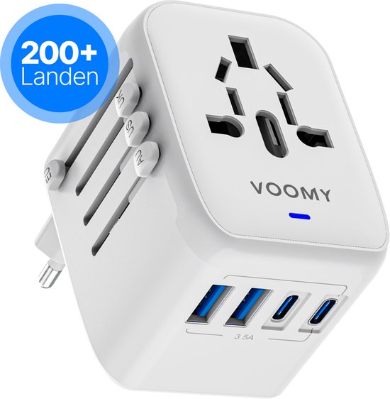 Witte Voomy reisstekker met uitschuifbare pinnen voor EU, UK, US, AU. Vier USB-poorten aan de voorzijde. "200+ Landen" op blauwe cirkel.