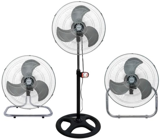 Ventilateur Equalize 3 en 1 - 80 watts - Industriel - Ventilateur très puissant - Sur pied, à suspendre ou à poser - Tête de 45cm - Inox -