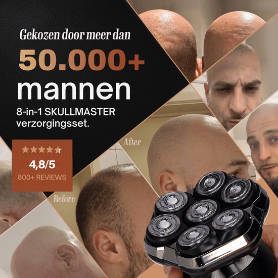 Scheerapparaat met 8 mesjes in de kleur zwart. Bevat tekst: 'Gekozen door meer dan 50.000+ mannen 8-in-1 SKULLMASTER verzorgingsset. 4,8/5 800+ REVIEWS Before After'.
