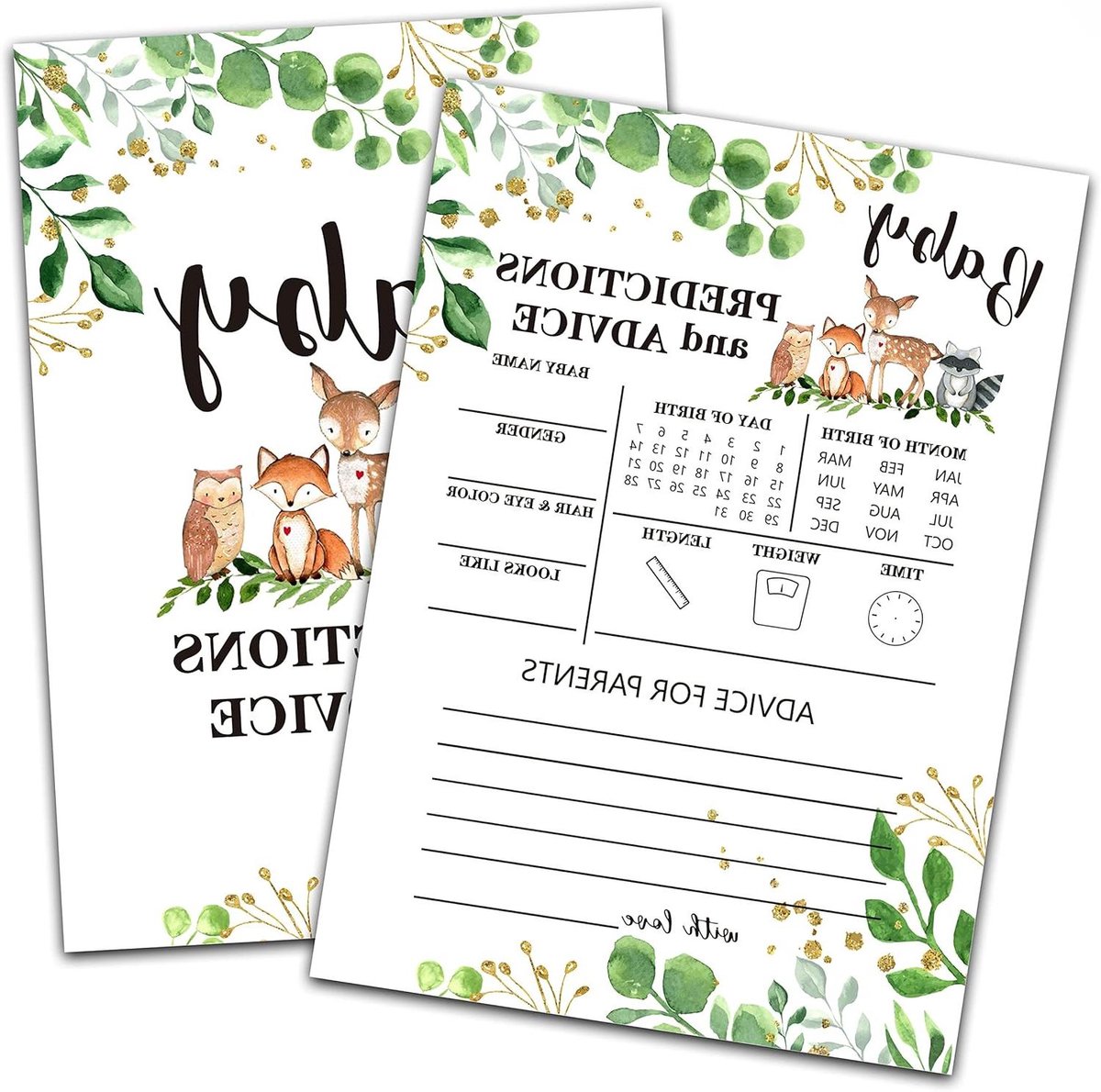 Babyshower Kaarten - Voorspelling Advies - Feest Organiseren - Bos Dieren Ontwerp - 30 Stuks - Groen Bruin