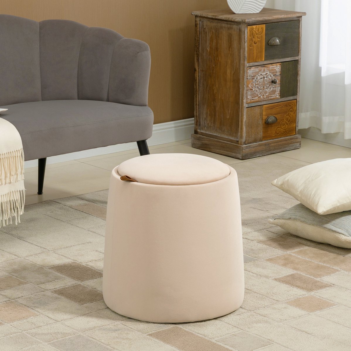 MEUNIQ ronde poef met opbergruimte Ø44 x H47,5 cm, beige ottomane met omkeerbaar afneembaar deksel, zithocker en bijzettafel voor woonkamer