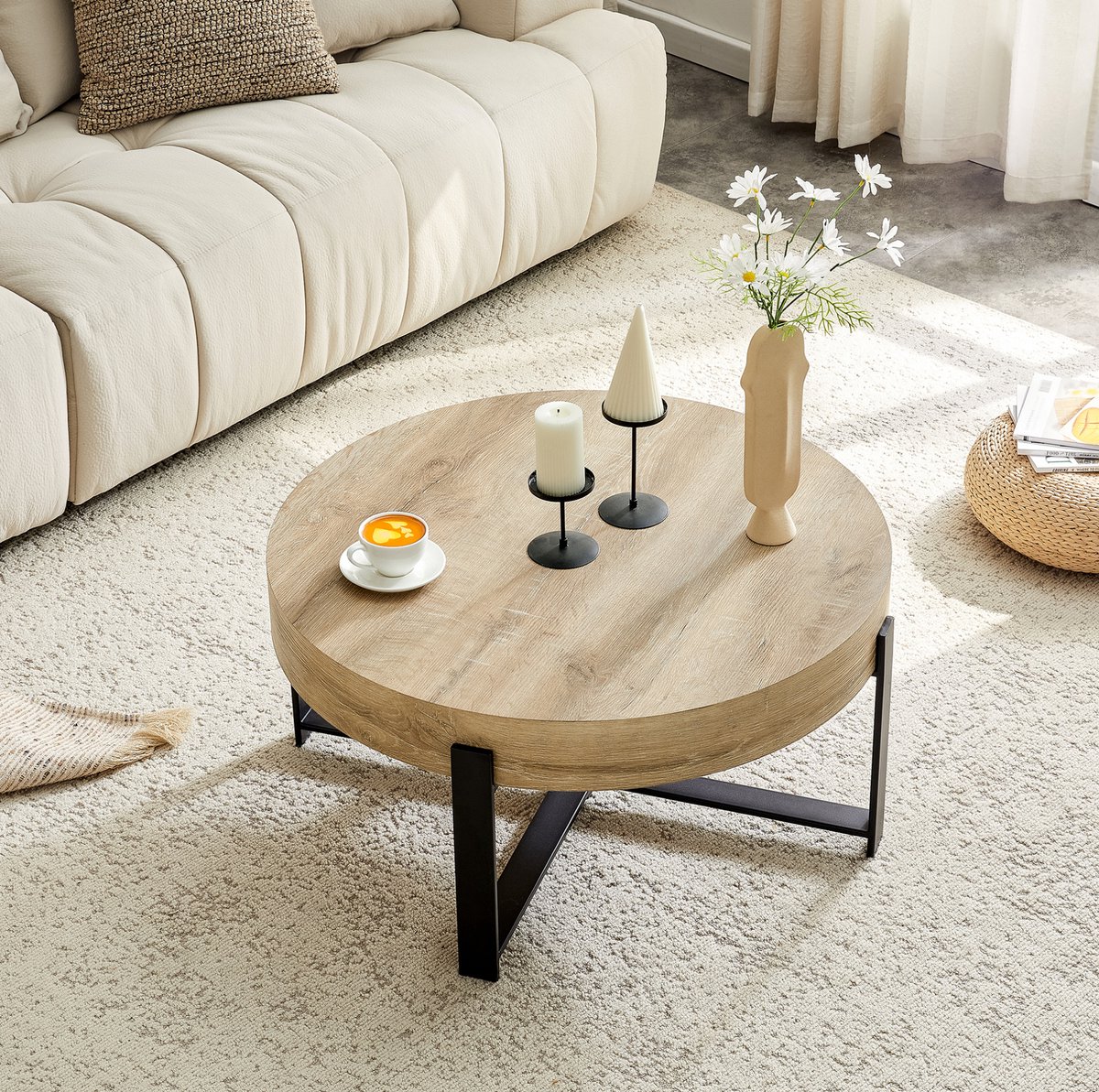 MIVRAY Salontafel - Ronde Tafel Met Houtlook En Zwart Metalen Kruisframe - Retro Industrieel Voor Woonkamer - MDF - 68 Cm - 36 Cm