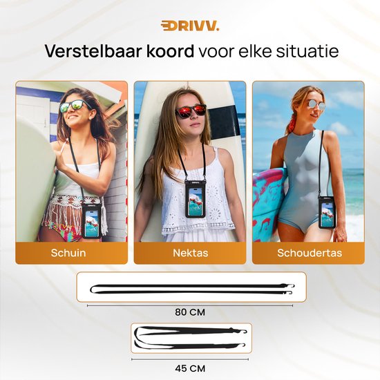 Drie vrouwen met DRIIV telefoonhoes om nek, schuin, als nektas en schoudertas in zomerse setting.