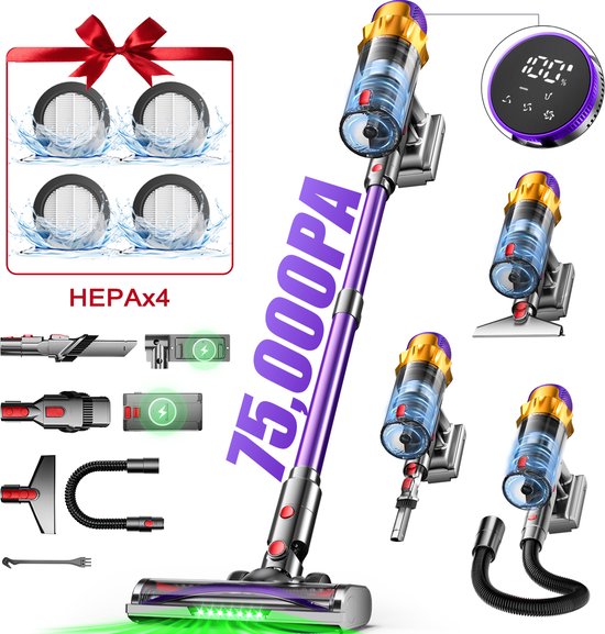 Hiaonyx Draadloze Steelstofzuiger 8-in-1 met LED Verlichting