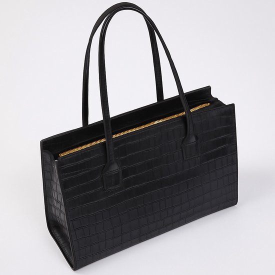 Zwarte croco shopper tas met gouden rits en handvatten.