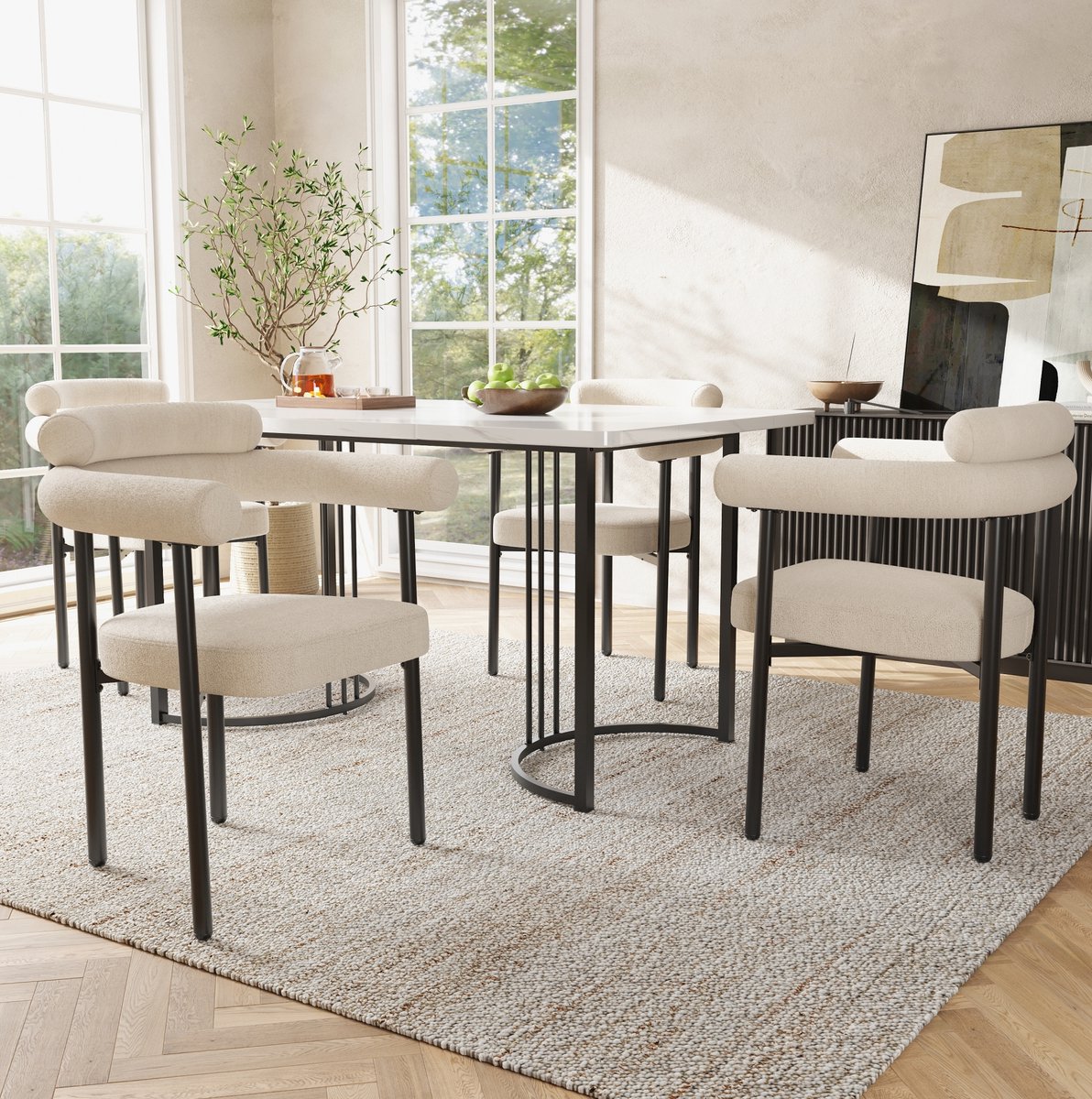 DESMIU Eetkamerstoel - Set Van 4 - Met Armleuningen En Ergonomische Rugleuning - Voor Eetkamer, Woonkamer En Werkkamer - Stof Beige