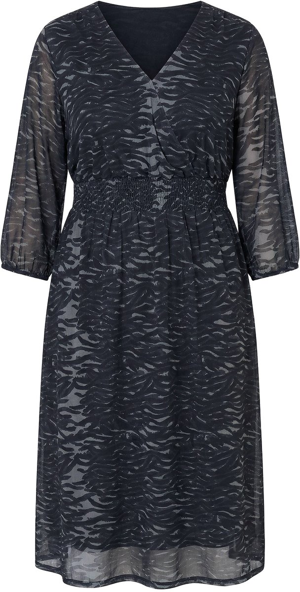Ulla Popken - Dames - Midi-jurk van mesh zebrapatroon V-hals 3/4-mouwen - Zwart - Maat 50+
