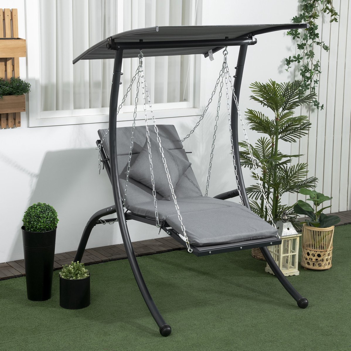 MEUNIQ schommelbank voor tuin en terras 145 x 108 x 169 cm met verstelbaar zonnedak, zit- en ligstand, kussen en hoofdsteun, donkergrijs