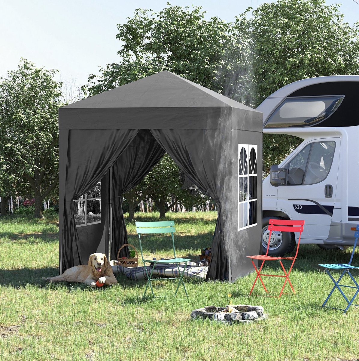 MEUNIQ easy-up partytent 2x2 m met 4 afneembare zijwanden, 2 ramen, 2 ritsdeuren, UV-bescherming, waterafstotende tentdoek, stalen frame, draagtas, zwart