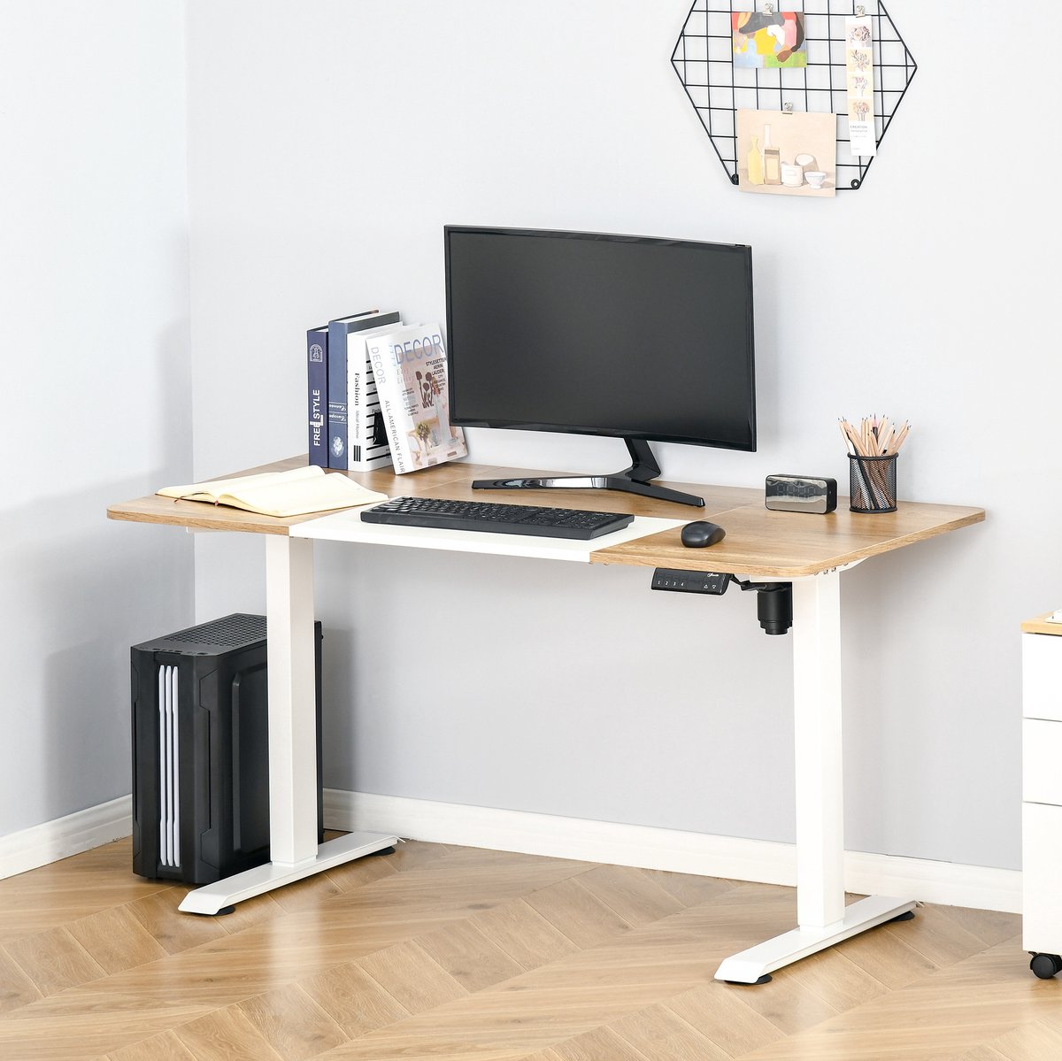 MIVRAY Bureau - Elektrisch Verstelbaar Zit Sta Bureau Met 4 Hoogtestanden - Voor Kantoor En Werkkamer - Metaal En Houtlook - 140x70 Cm - Wit