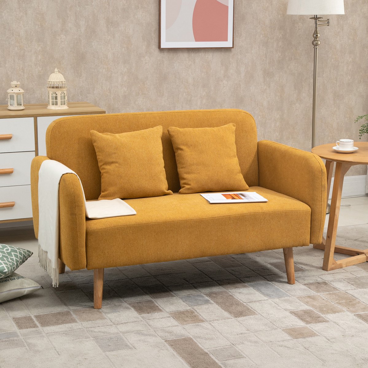 FloraGrace Zitbank 130 x 70 x 80 cm - 2-Zits Loveseat Met 2 Kussens En Verstelbare Voetdoppen - Voor Kleine Woonruimtes - Polyester - Naturel En Geel