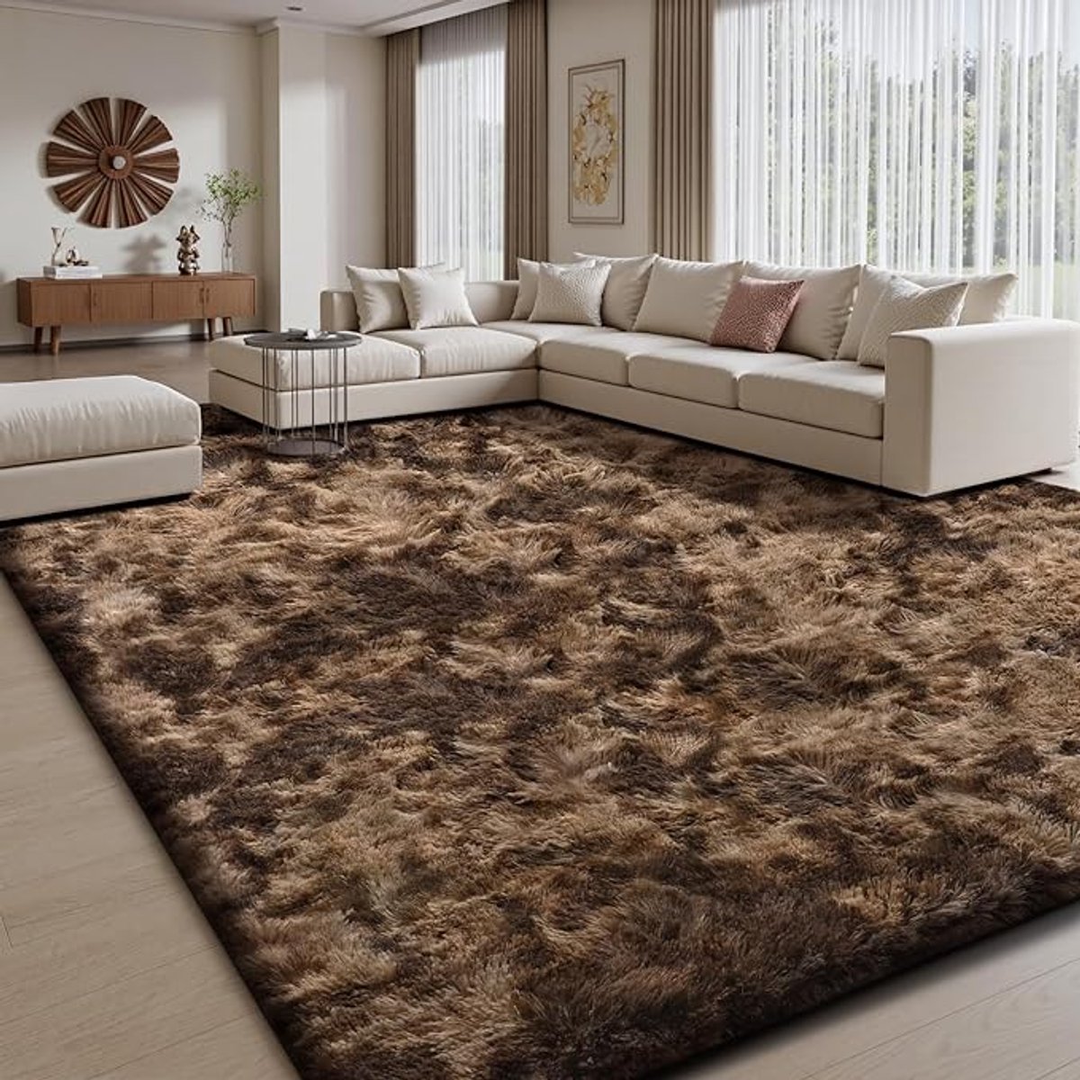 Hoogpolig Vloerkleed 240x340 cm - Tie Dye Bruin Tapijt - Extra Groot Pluizig Shaggy Carpet - Wasbaar Antislip Vloerkleed Voor Woonkamer Slaapkamer En Kinderkamer - Modern Zacht Design