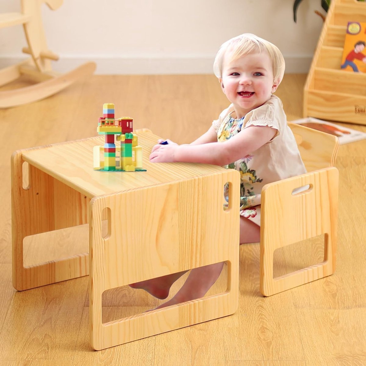 Montessori Tafel met Stoel – In Hoogte Verstelbaar – Grenenhout – Voor Peuters 1 tot 3 Jaar – Naturel