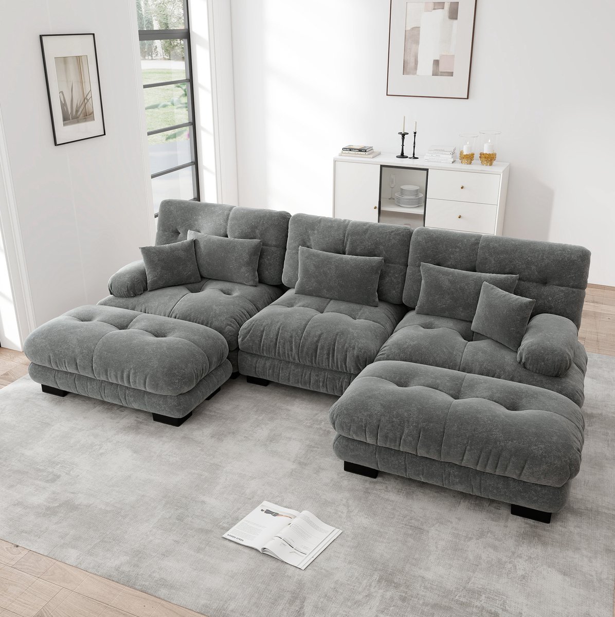 MIVRAY U-bank 313 x 145 cm - Modulaire Hoekbank Met Ottoman En Slaapfunctie - Voor Woonkamer Of Kantoor - Chenille Grijs