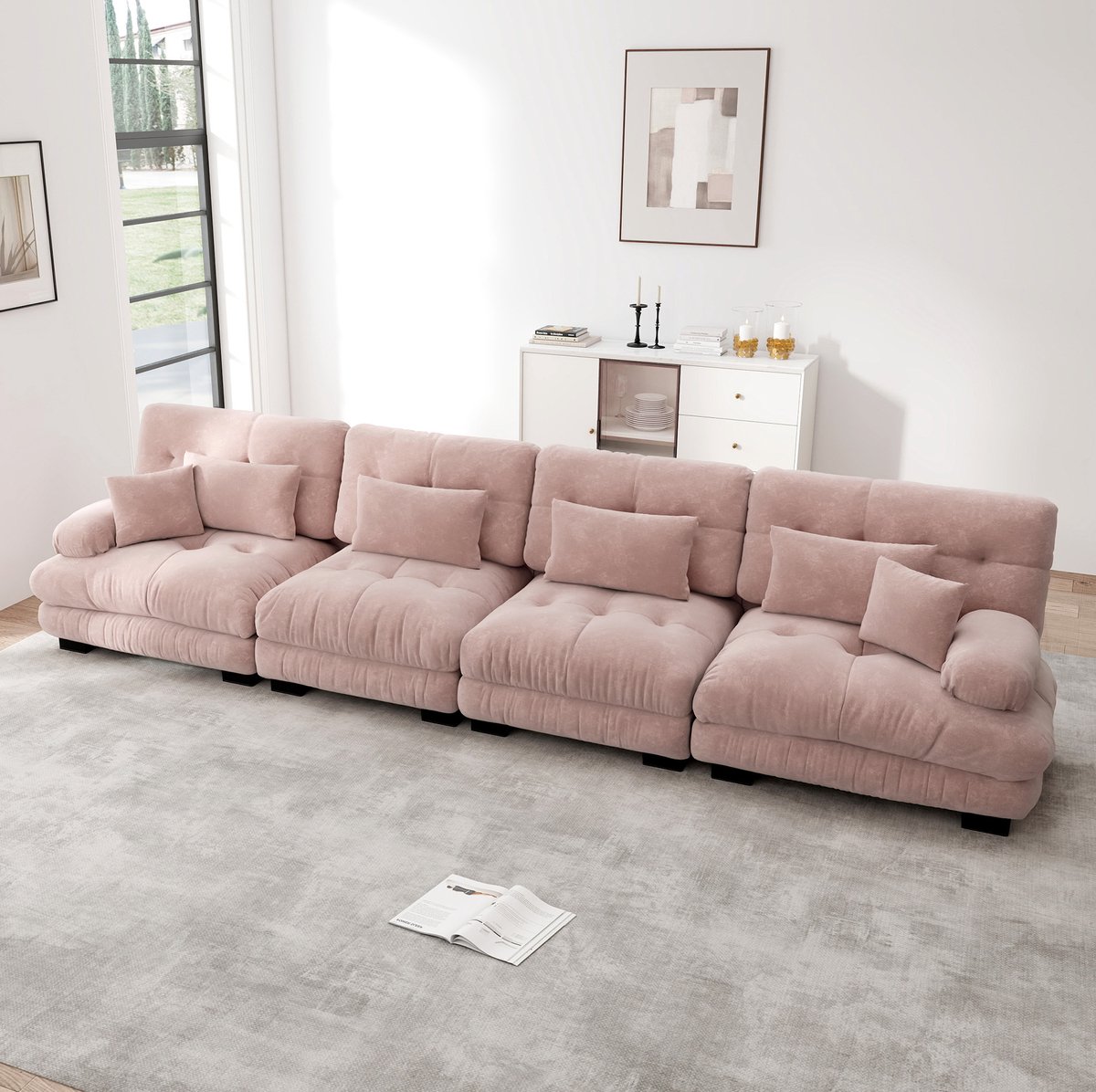MIVRAY Hoekbank 406 x 77 x 81 cm - Modulaire 4-Zits Met Diepe Zitting En Kussens - Voor Woonkamer En Kantoor - Chenille Roze