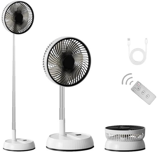 Een set witte ventilatoren in verschillende maten en standen: staand, desktop, opgevouwen, met USB-kabel en afstandsbediening.