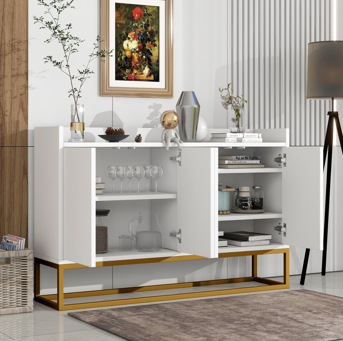 MEUNIQ dressoir 120 x 30 x 80 cm met 4 deuren, greeploos sideboard met 2 verstelbare planken en opstaande rand, kast voor woonkamer, eetkamer of keuken, wit