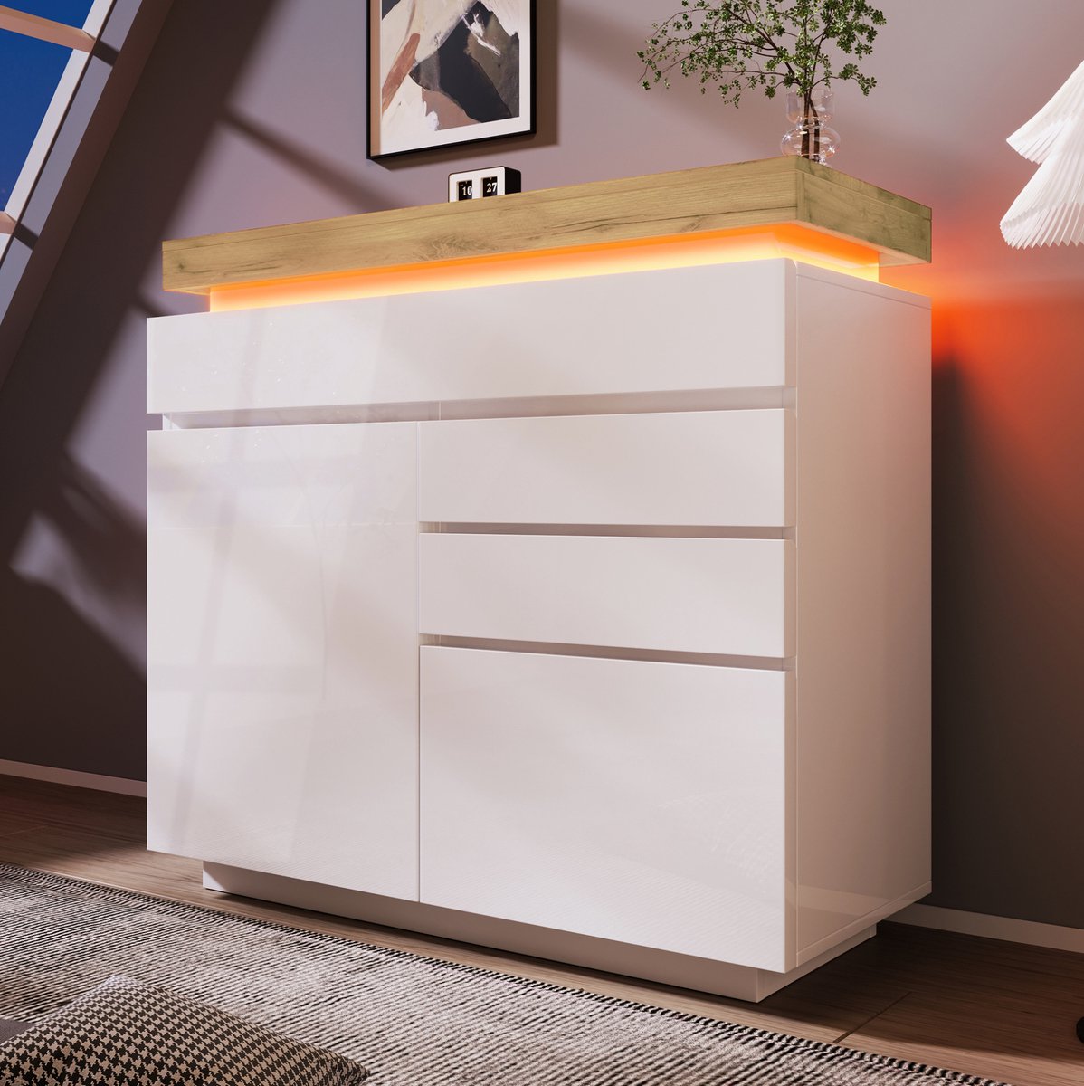 MEUNIQ dressoir met LED-verlichting, 2 deuren en 3 lades, hoogglans opbergkast met verstelbare planken voor woonkamer of slaapkamer, 110 x 39 x 115 cm, wit