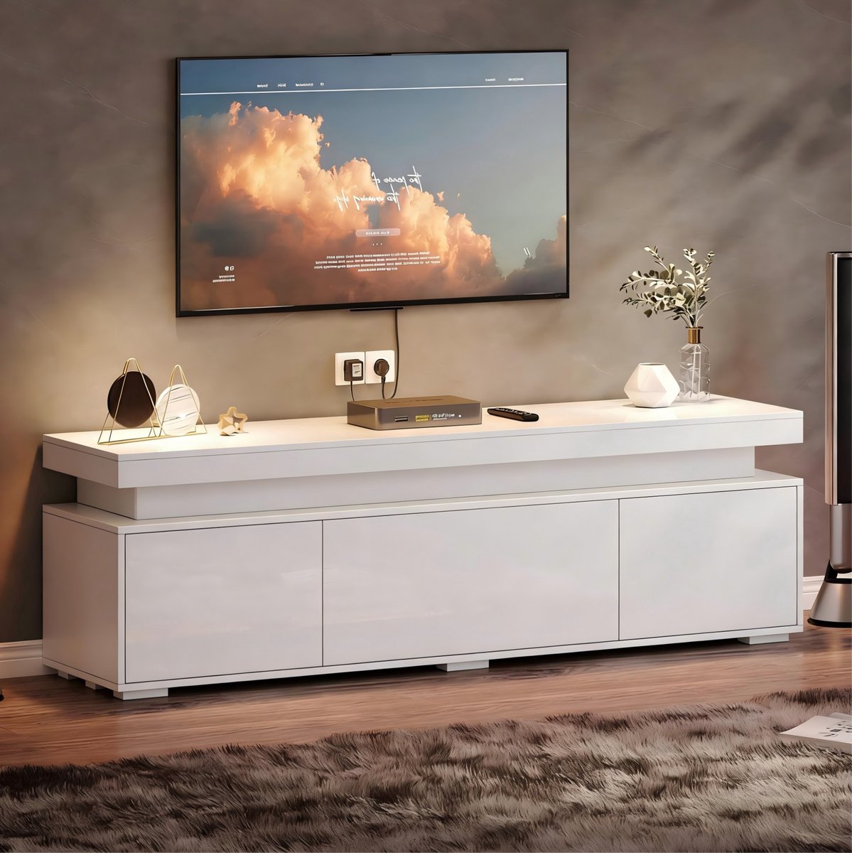 MEUNIQ TV meubel 150 x 35 x 43 cm met LED-verlichting, 3 deuren en 4 opbergvakken, vrijstaand tv-kast voor woonkamer, wit