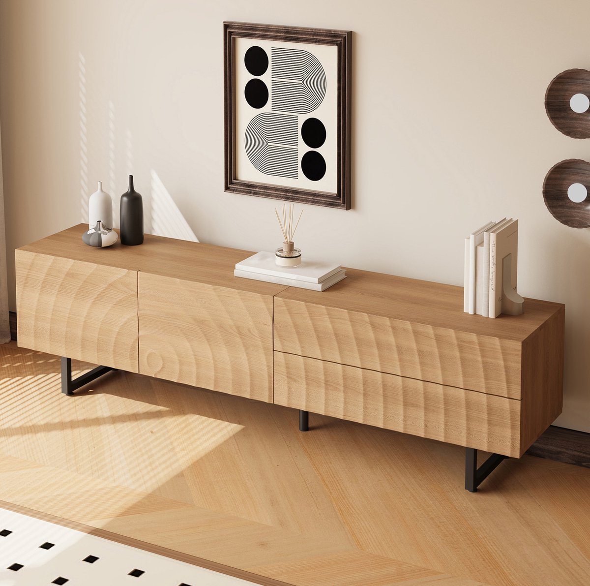 MEUNIQ TV-meubel 180 x 38 x 51,5 cm met 2 deuren, 2 lades en kabeldoorvoer, dressoir voor woonkamer in naturel met zwarte metalen poten Natural