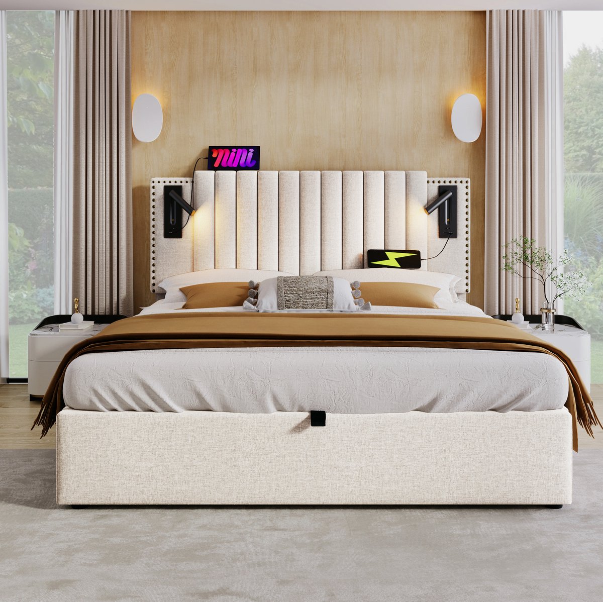 MEUNIQ gestoffeerd tweepersoonsbed 160x200 met opbergruimte, lattenbodem, verstelbaar hoof